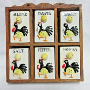 Vintage Spice Rack Ceramic Rooster 6 Jar Set Wood Wall Japan 1950s 7.5" x 7"